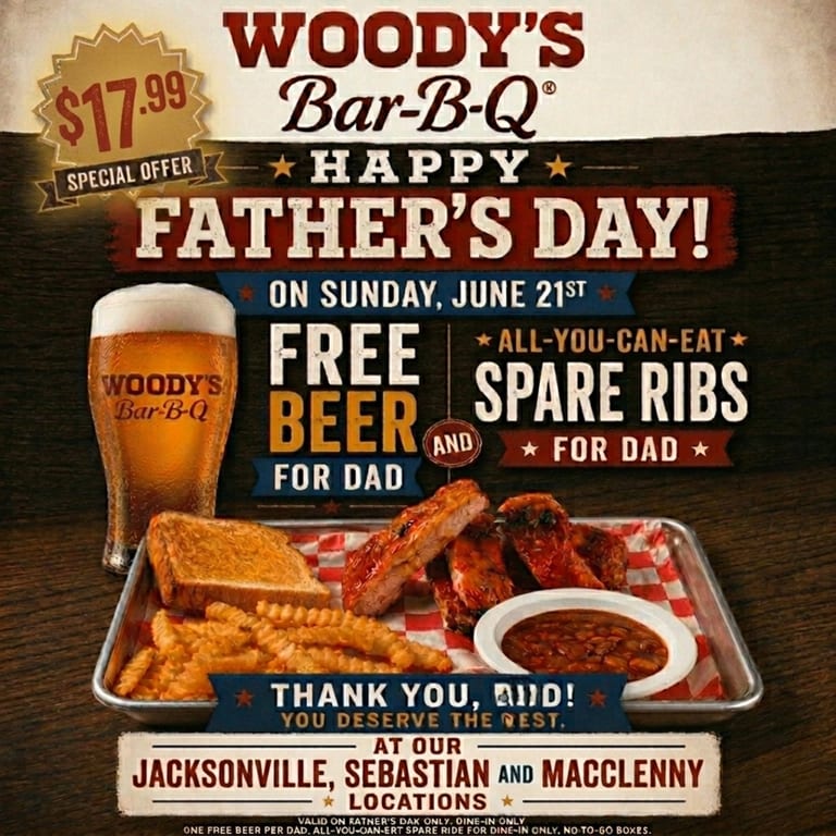 Woody’s Father’s Day: Free Beer & AYCE Ribs!