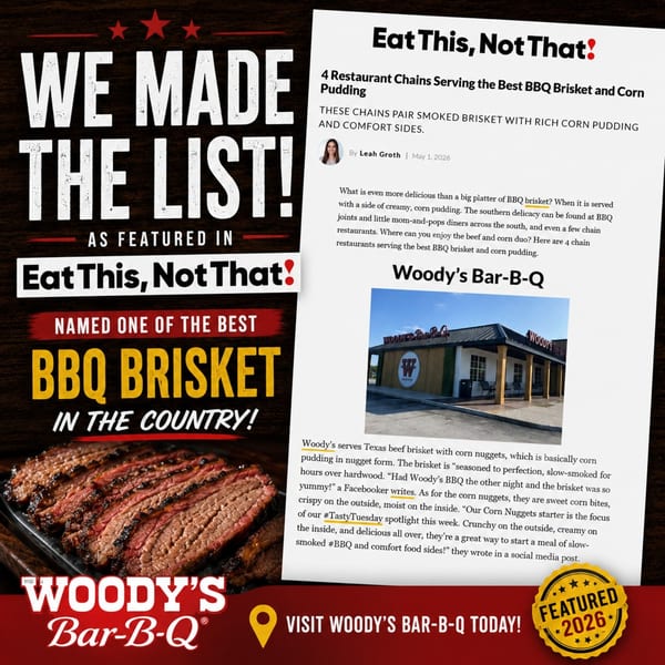 Woody's Bar-B-Q advertisement featuring sliced brisket and an article naming it best BBQ brisket.