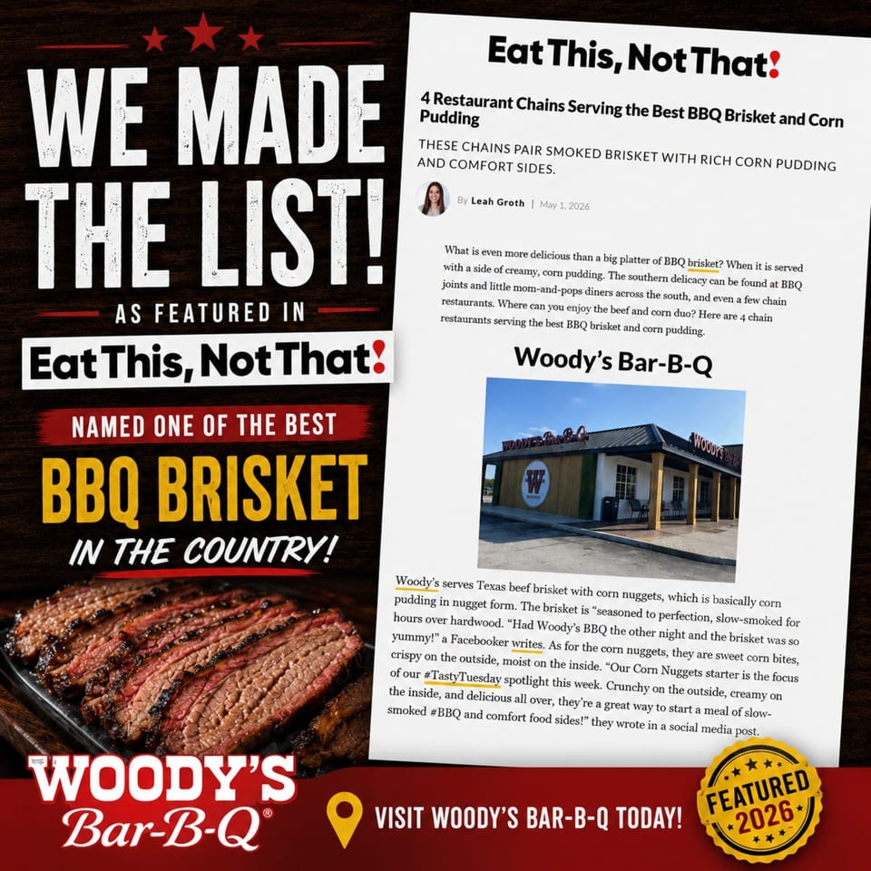 Woody's Bar-B-Q advertisement featuring sliced brisket and an article naming it best BBQ brisket.
