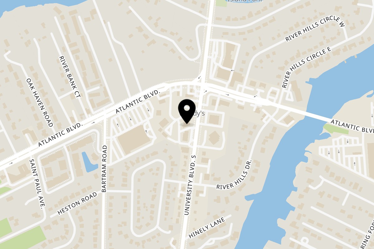 Map showing the location of Woody's Bar-B-Q University on 1638 University Blvd S in Jacksonville
